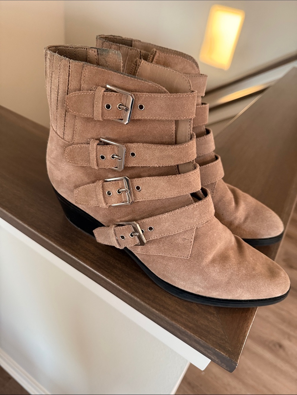 Dolce Vita Beige Suede Buckle Strap Ankle Boots